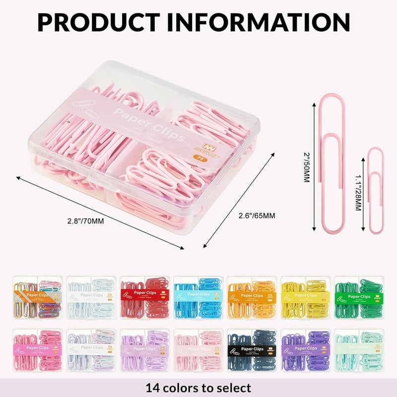 NEEWAY Colorful Paper Clips Assorted Sizes, Small and Large Paperclips, 210 Count, 3 Pack of 70 (Light Pink) - Image 2